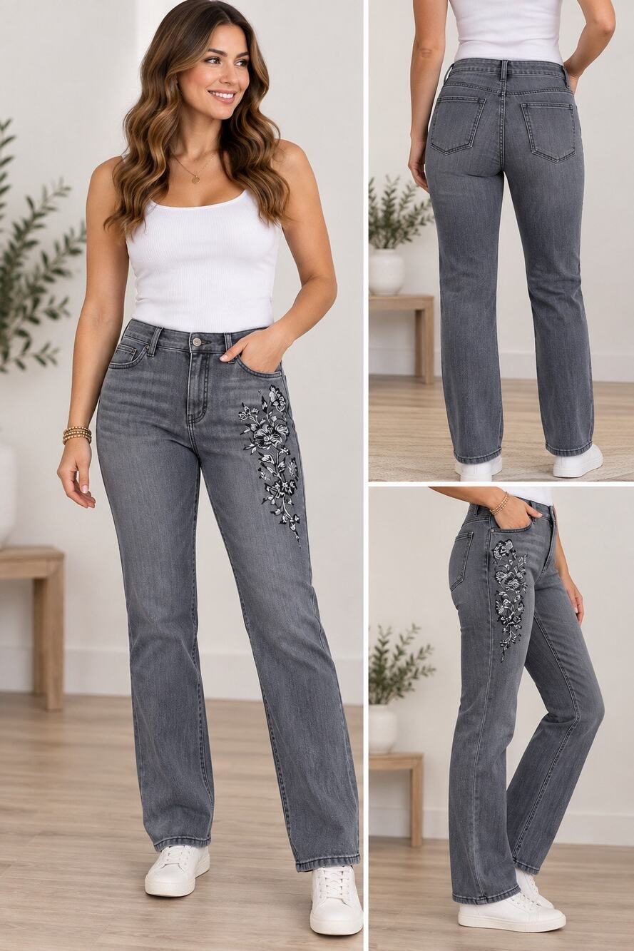 St. John’s Bay Black Embroidered Jeans Straight Leg Size 12 Light wash